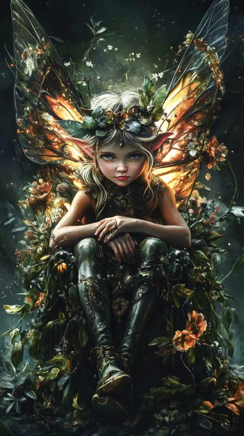 Vintage fairy girl on a throne in golden light