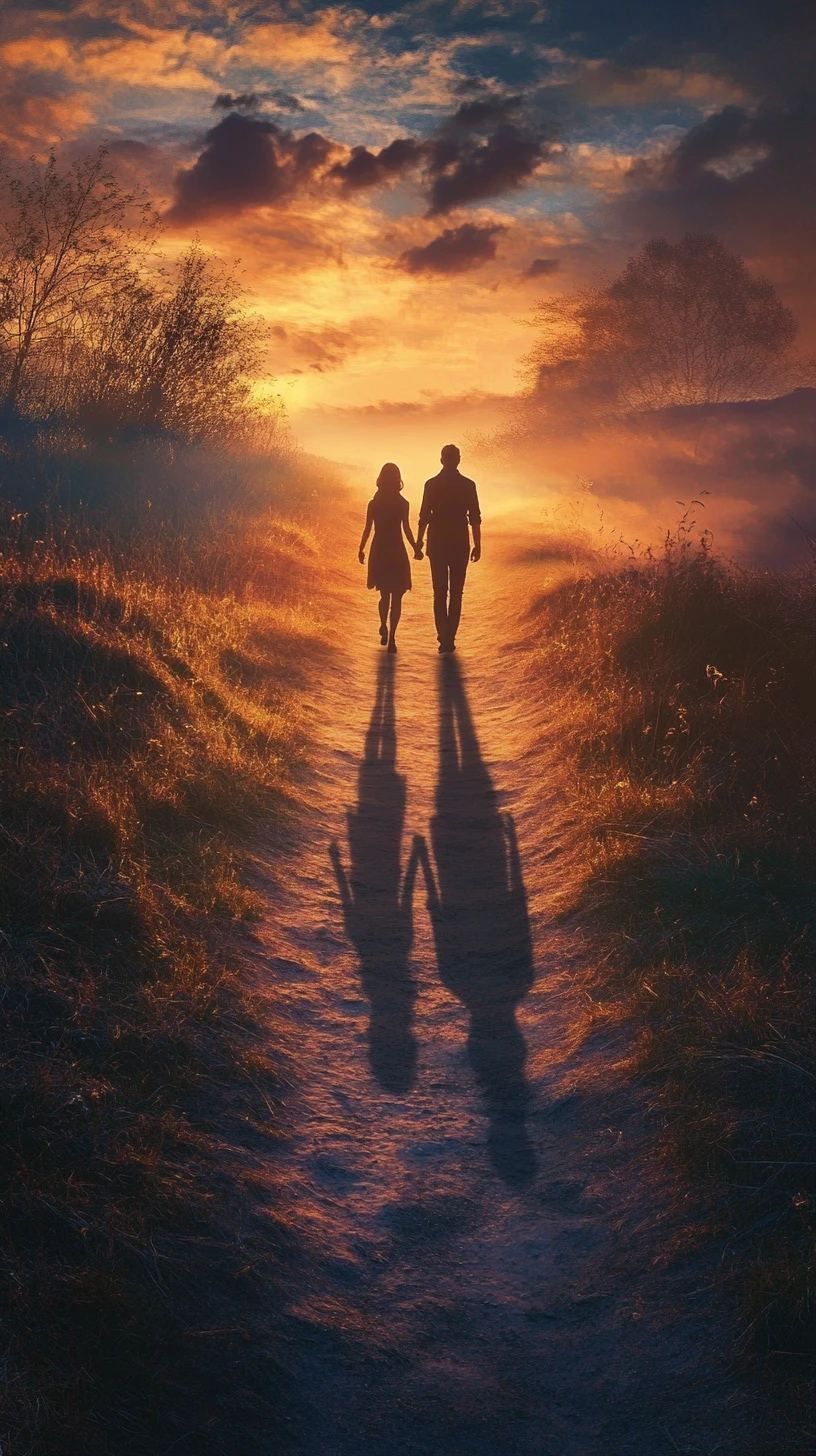 Couple Walking Hand In Hand On A Sunset Path