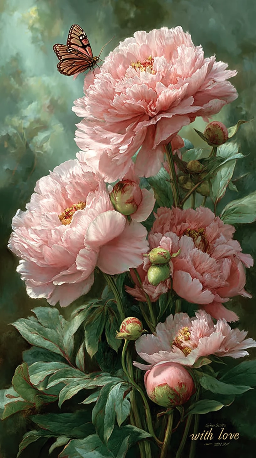 Butterfly Floating Above Pink Peonies In Gift Box