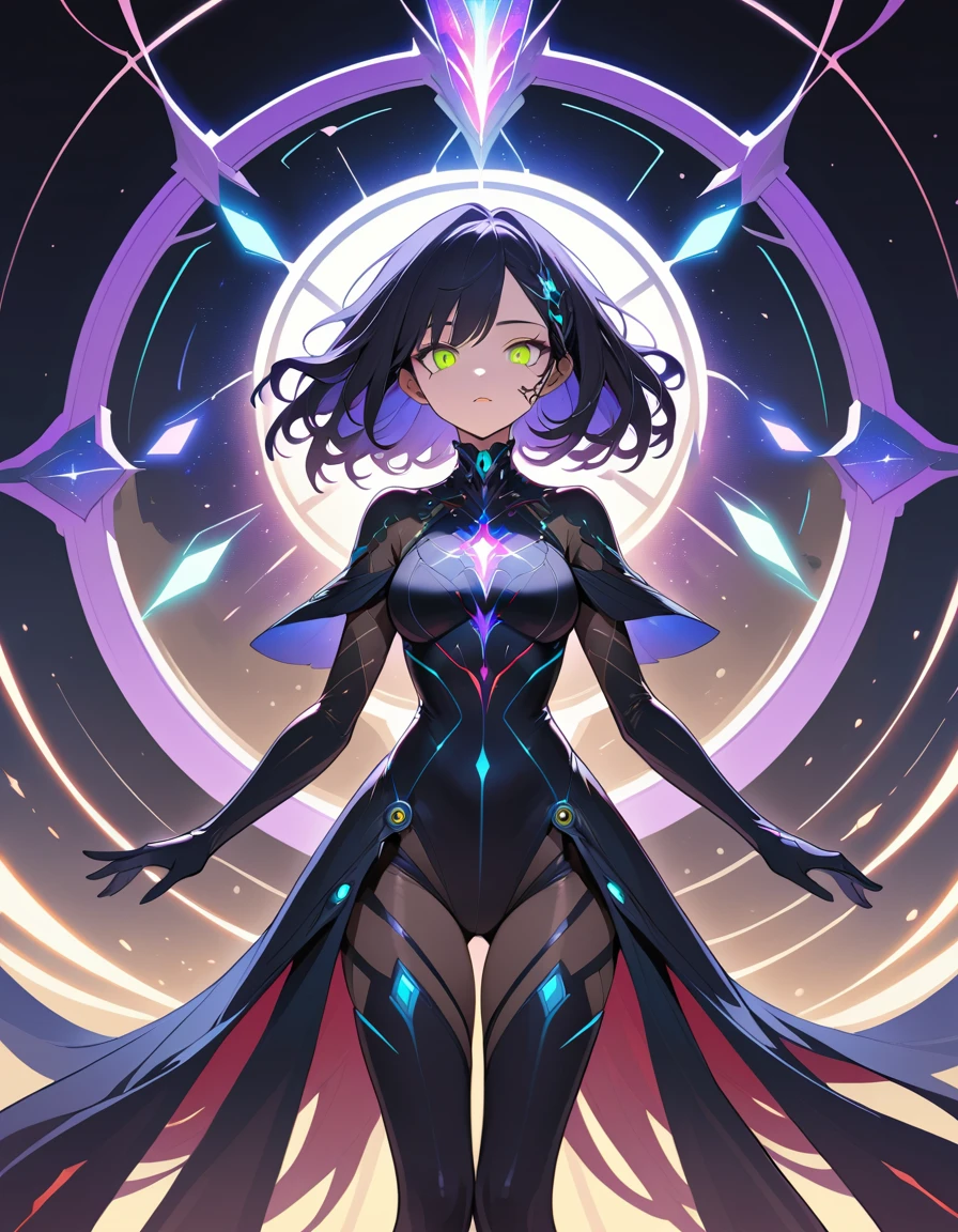 Cybernetic sorceress at the edge of a glowing void
