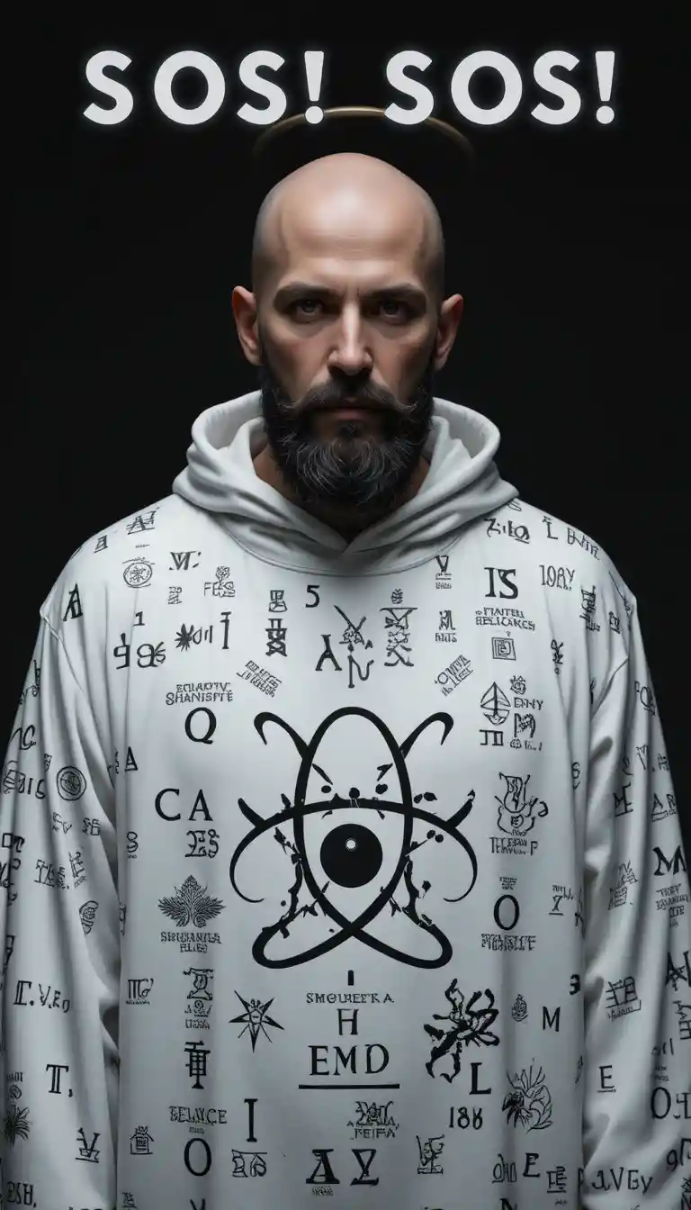 Bald man in halo robe with atomic symbol and SOS text