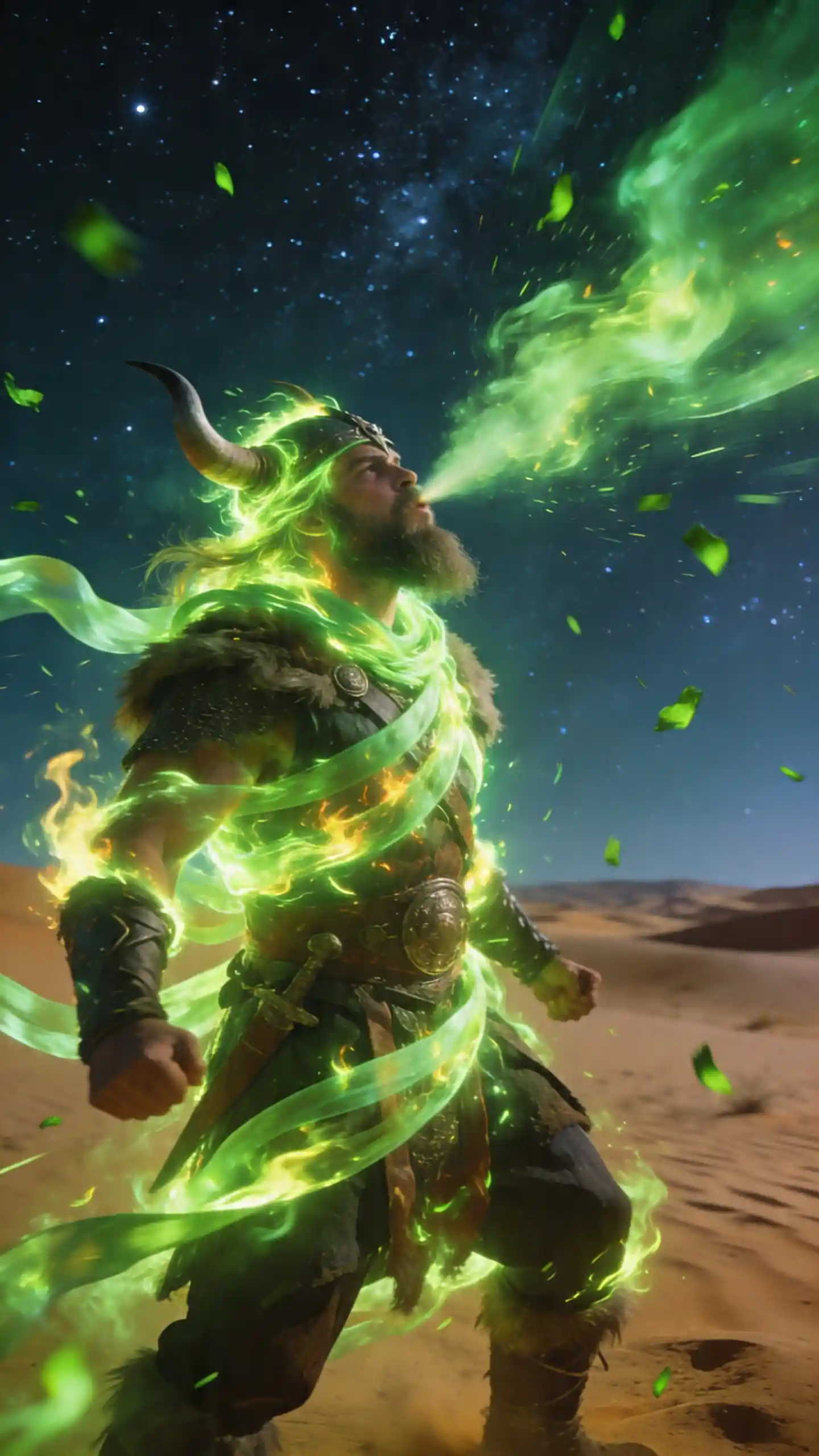 Viking warrior wreathed in green fire under a starry desert sky