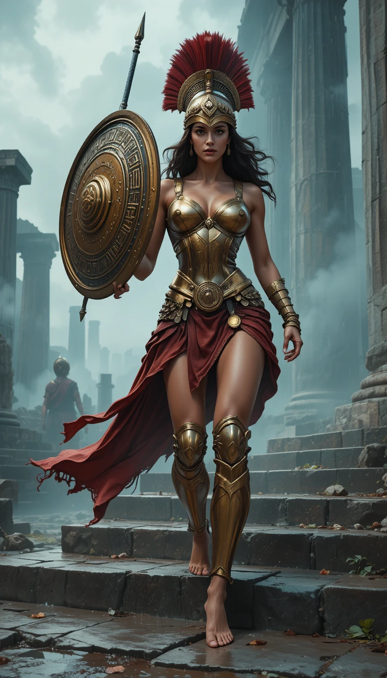 Fierce female Spartan warrior on misty ancient stone steps