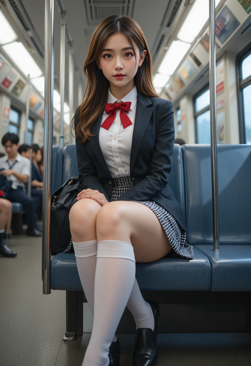 Japanese schoolgirl sitting on a train seat in uniform