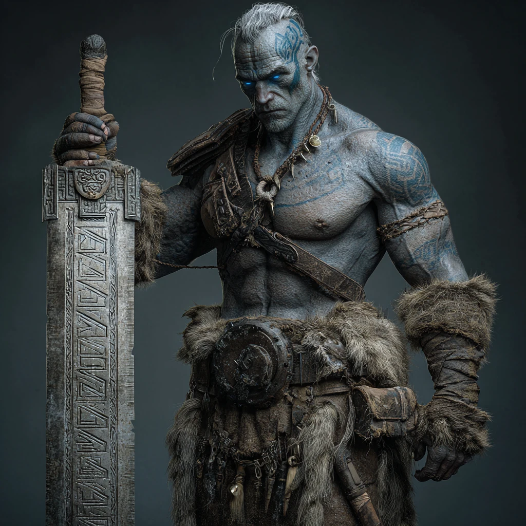 Grey skinned goliath warrior with rune engraved greatsword