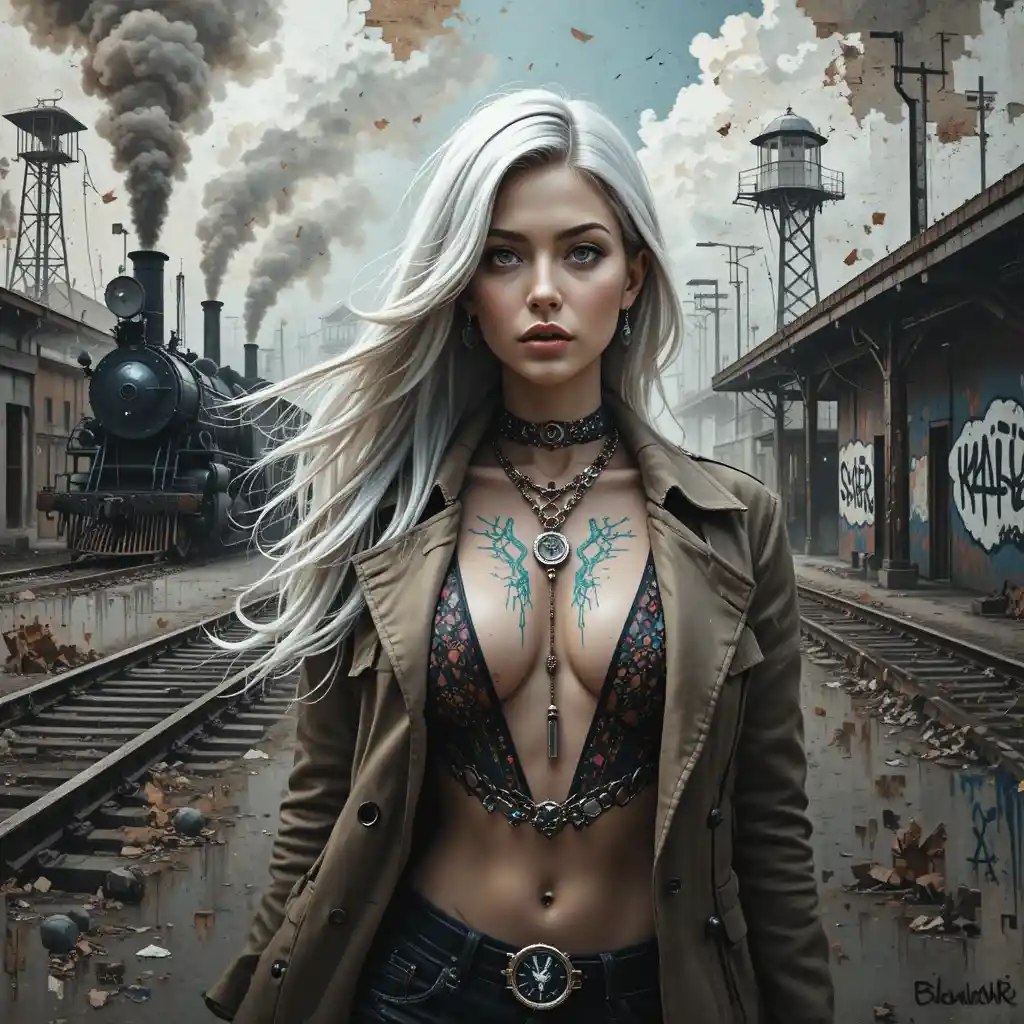 Cyberpunk woman fused with a crumbling train station wall