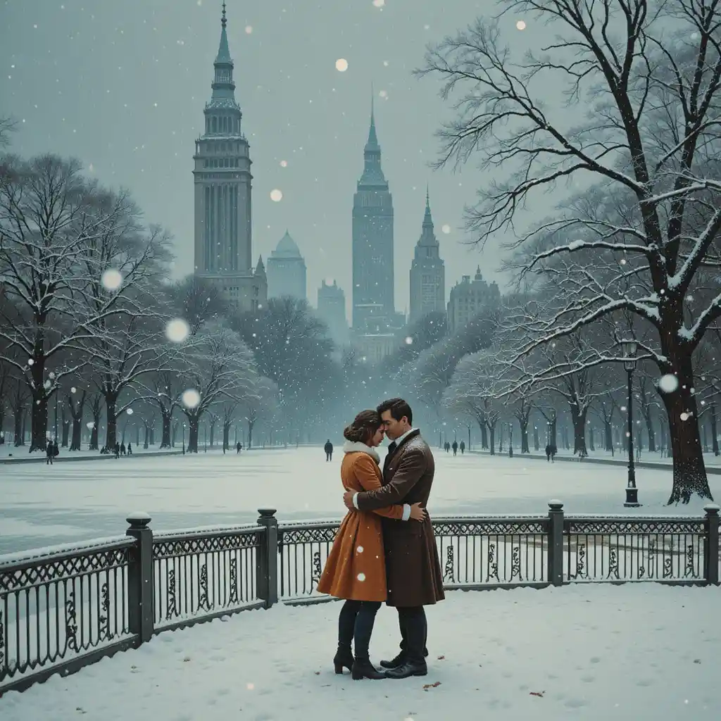 Couple Embracing Alone In Snowy Central Park Blizzard
