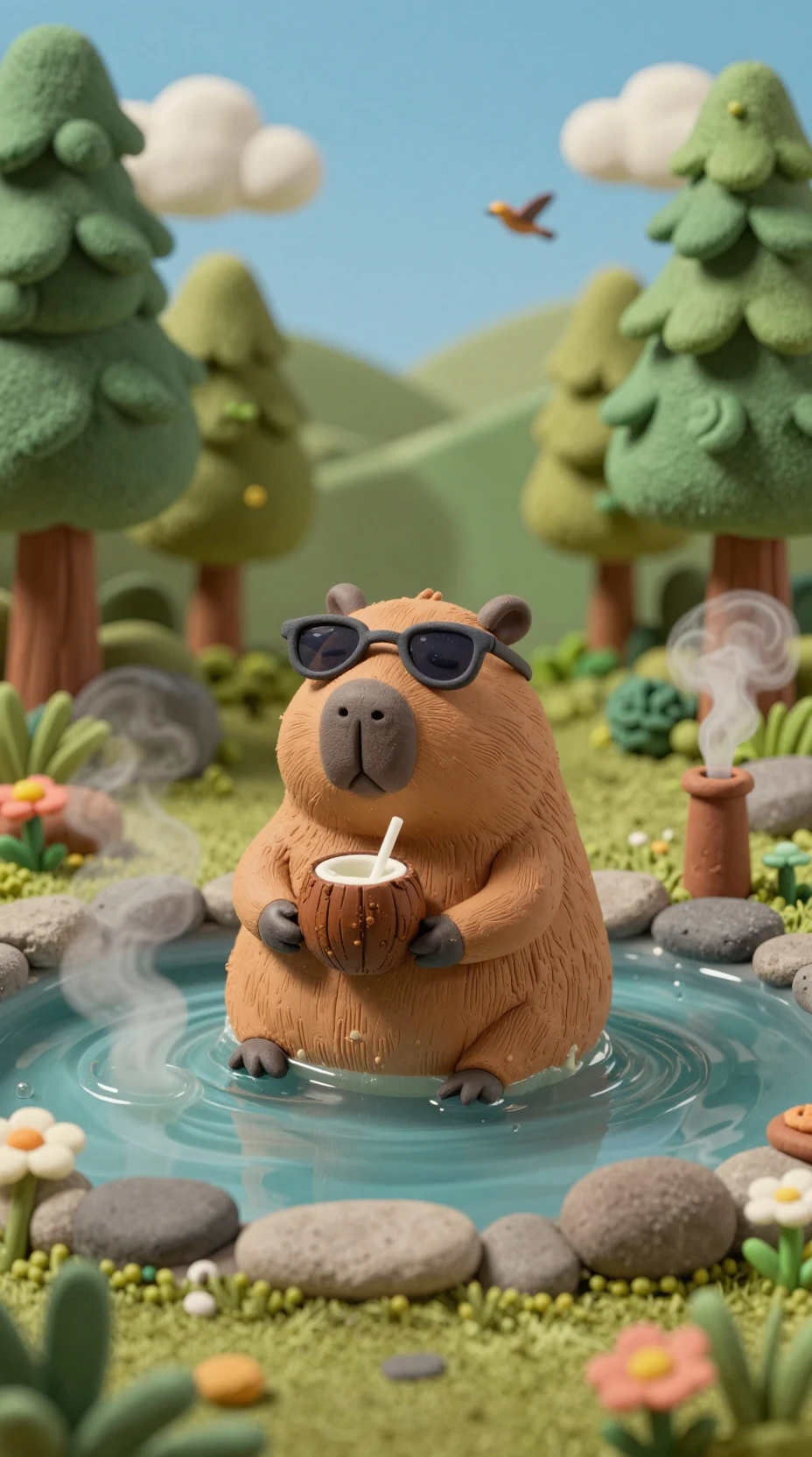 Relaxed Clay Capybara Soaking In A Forest Hot Spring