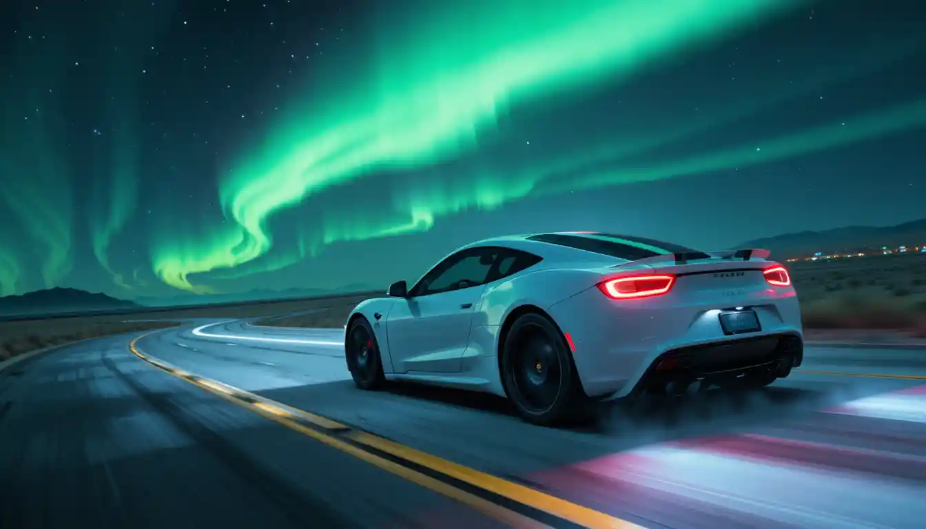 Auto sportiva bianca che sfreccia di notte sotto l'aurora