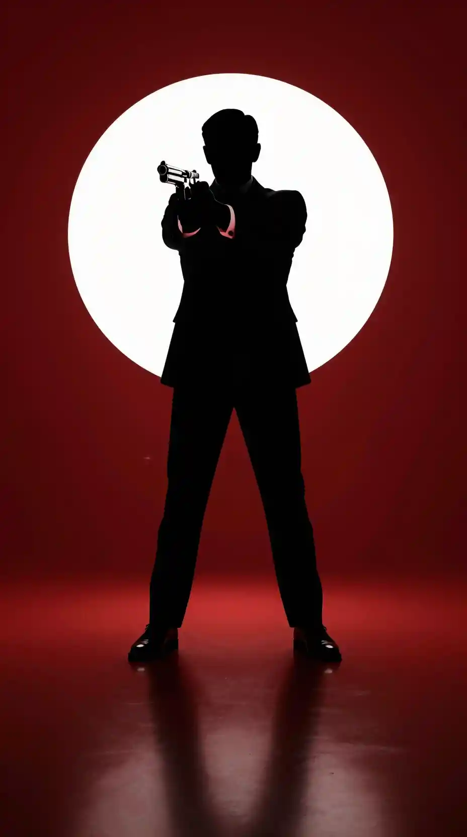 Silhouetted man aiming pistol in bold red graphic scene