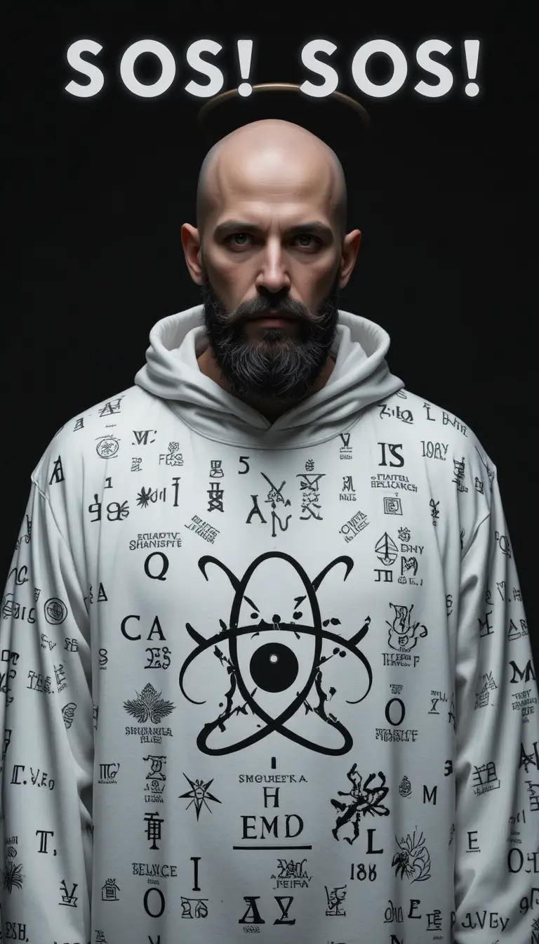Bald man in halo robe with atomic symbol and SOS text