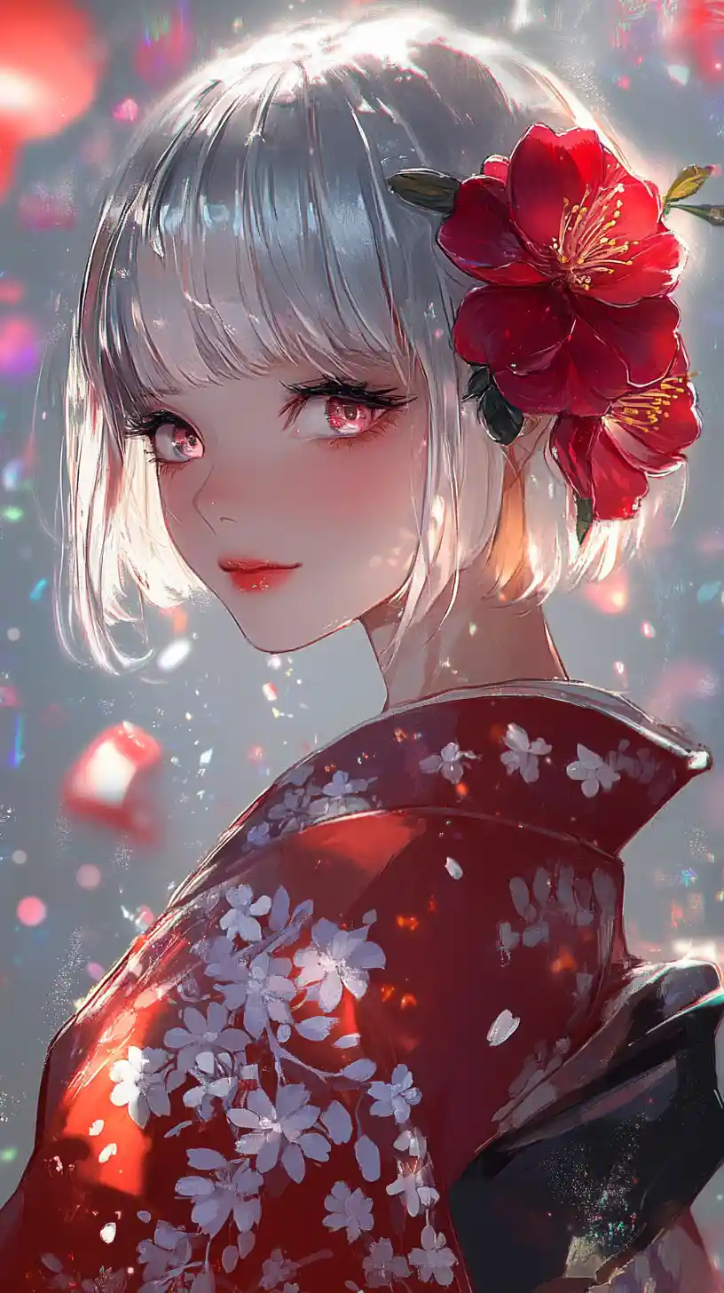 Chica de anime con kimono rojo y melena plateada