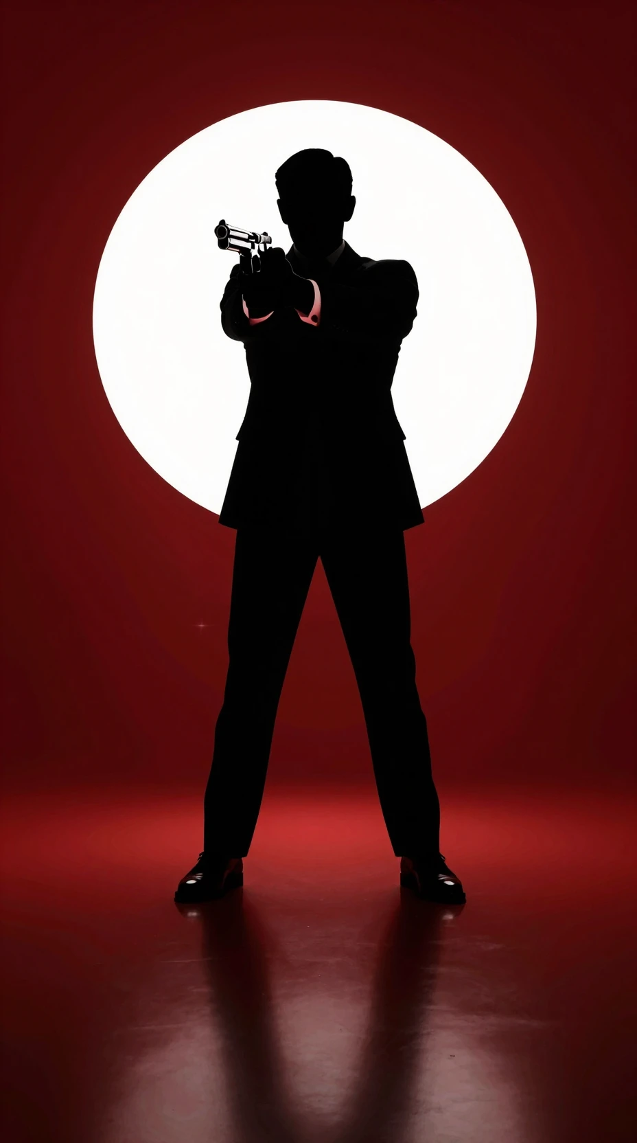 Silhouetted man aiming pistol in bold red graphic scene