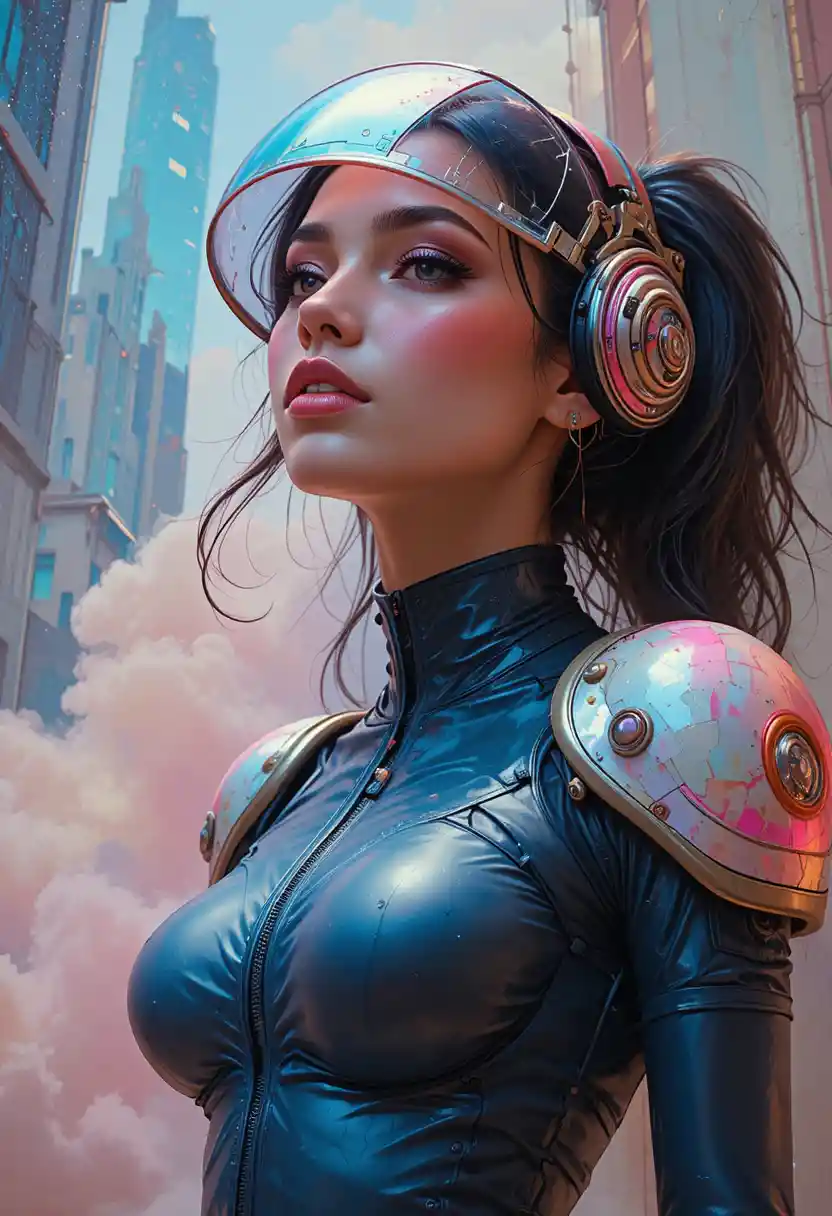 Astropunk woman in neon armor with futuristic visor