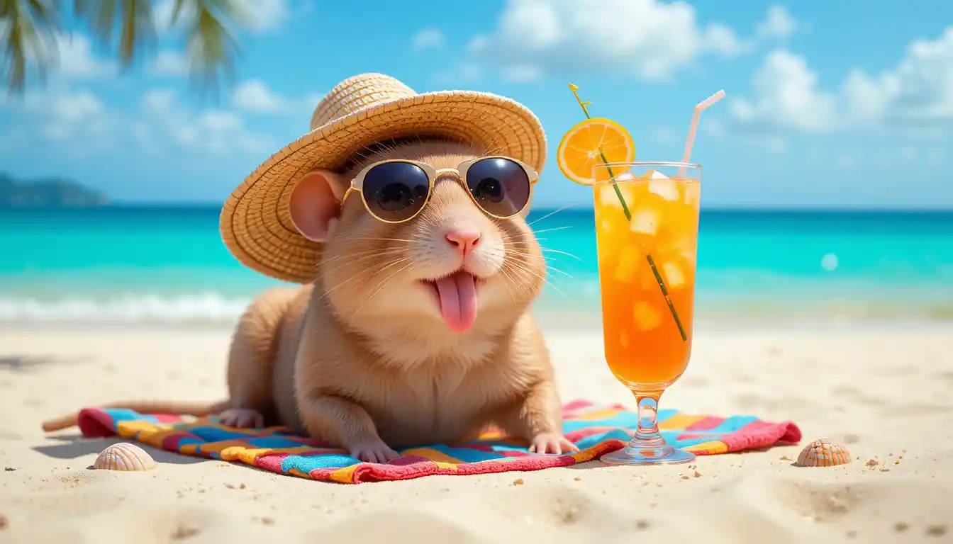 Cheerful rodent relaxing on beach towel with cocktail