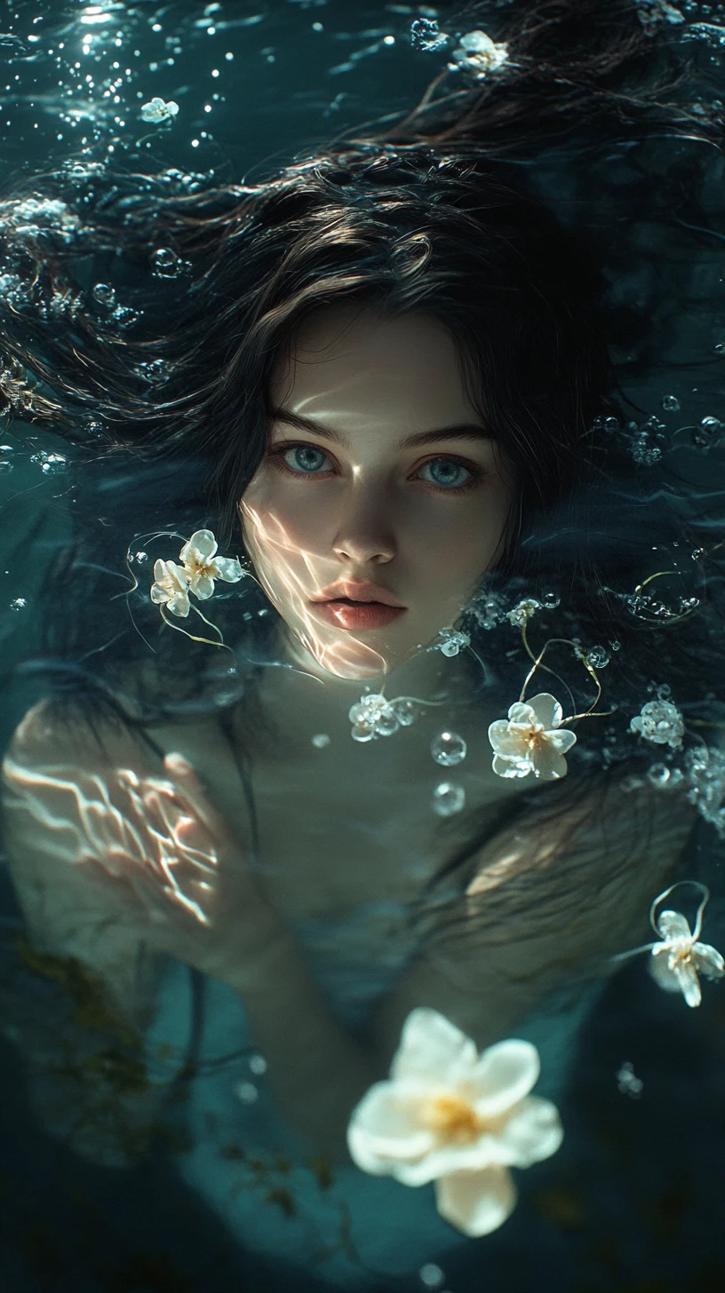 Joven mujer en agua luminosa rodeada de delicadas flores