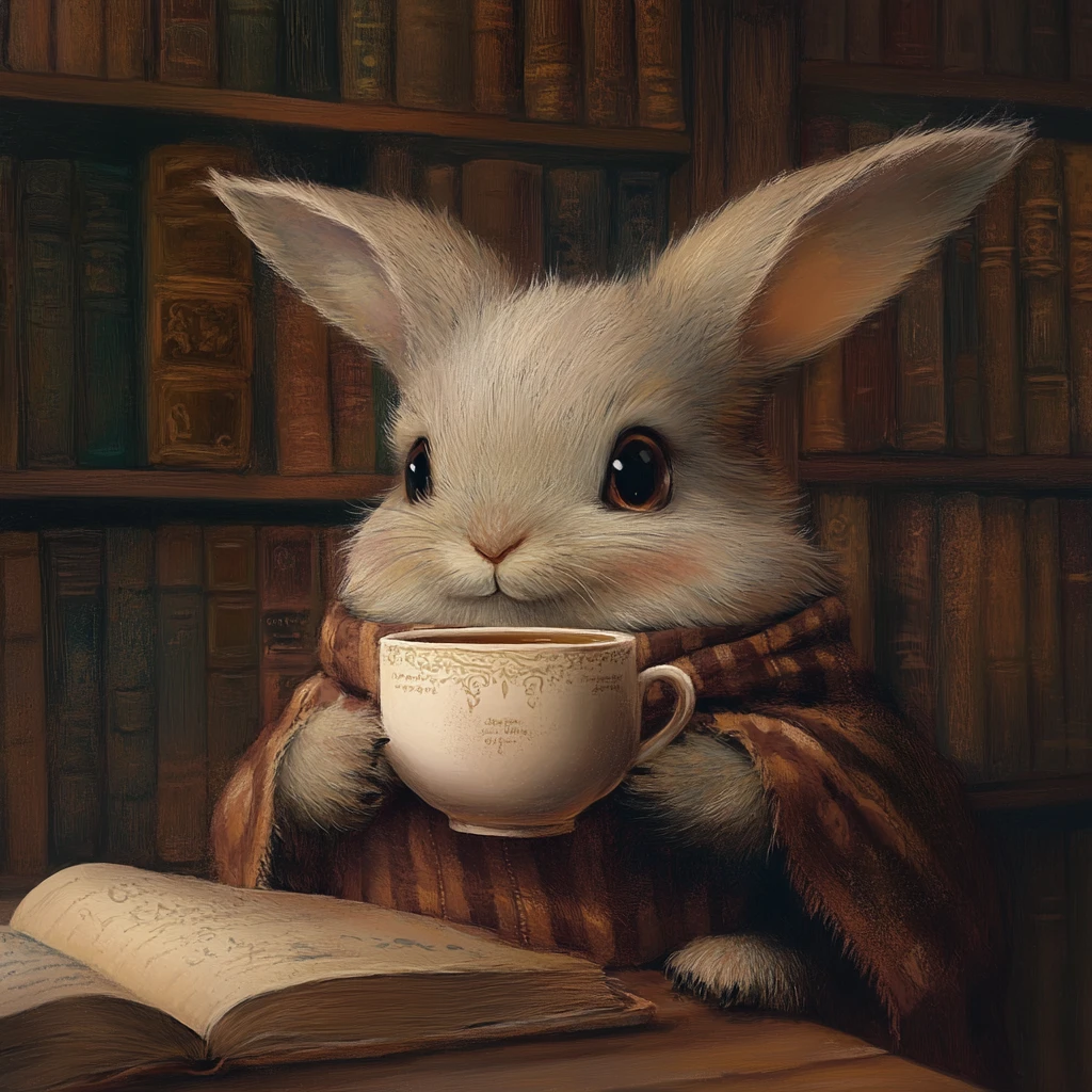 Conejito tierno y esponjoso bebiendo té en una biblioteca acogedora
