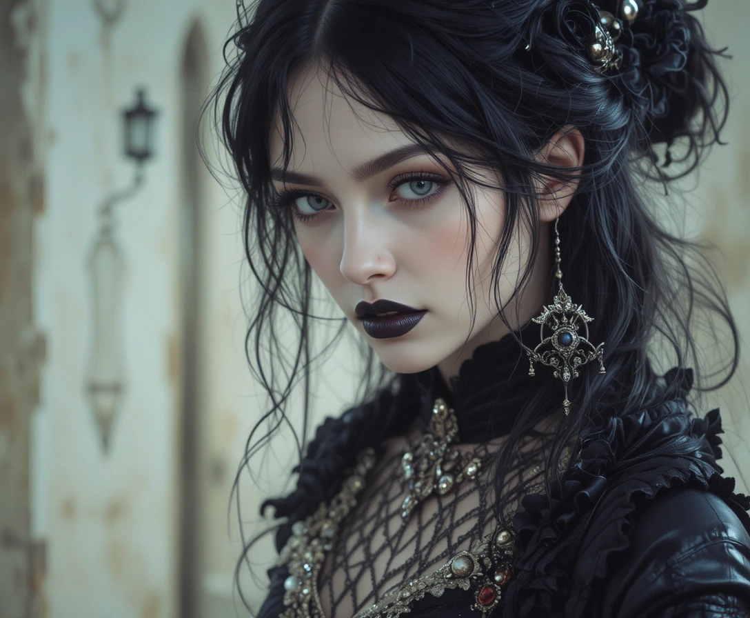 Melancholic goth bard woman with dark corset and instrument
