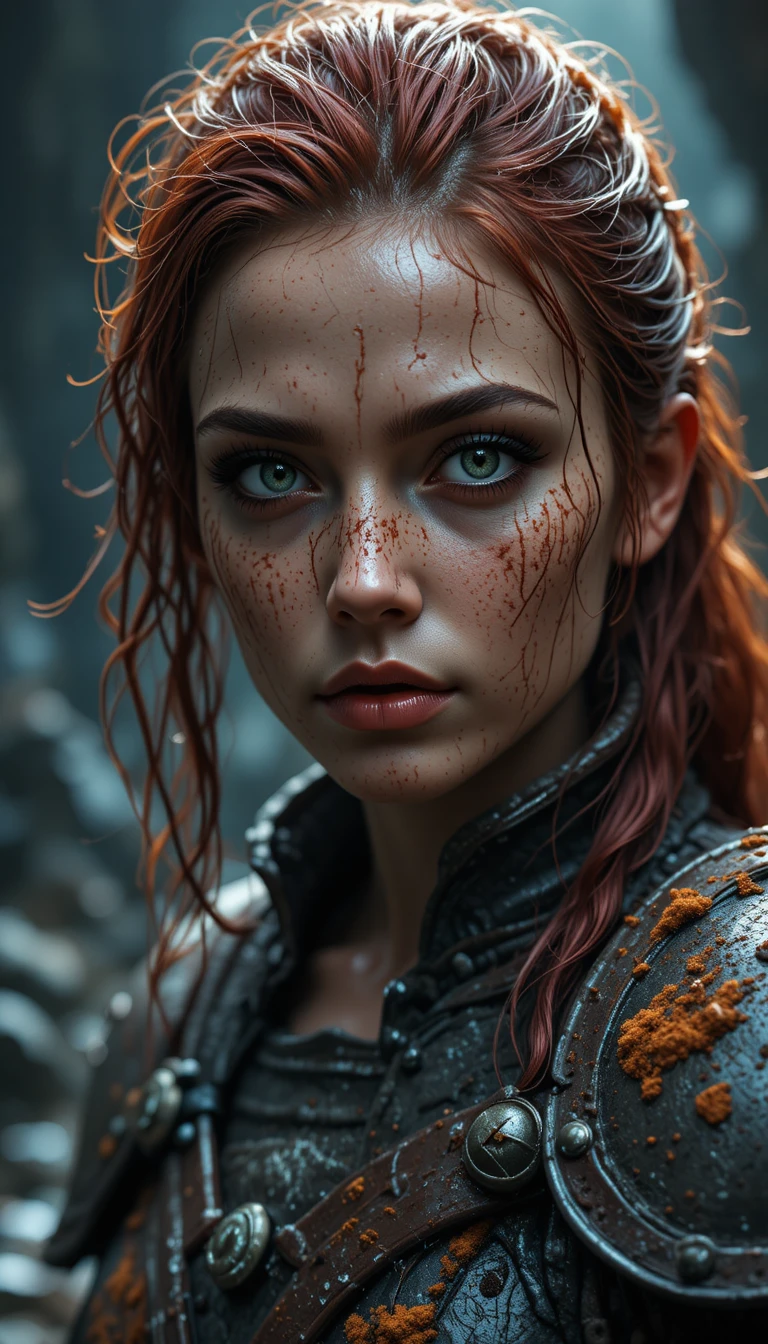 Battle hardened warrior woman in armor within dark cave