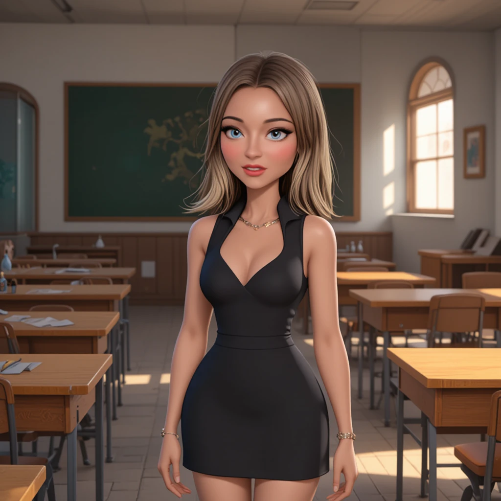 Smiling teacher in black dress standing in a classroom