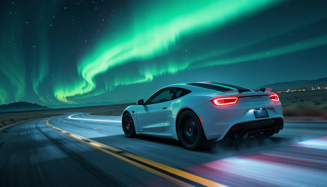 White sports car racing along a night road under aurora