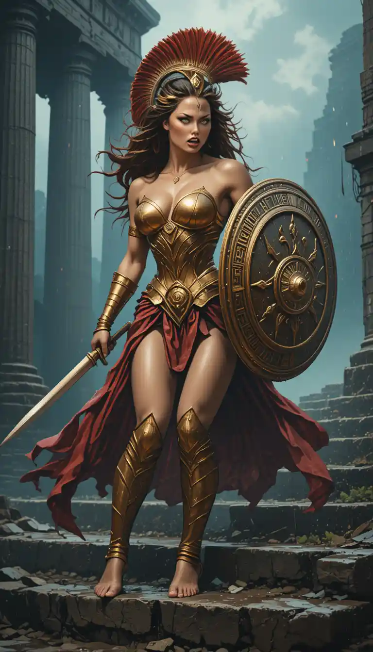 Fierce female spartan warrior in misty ancient ruins