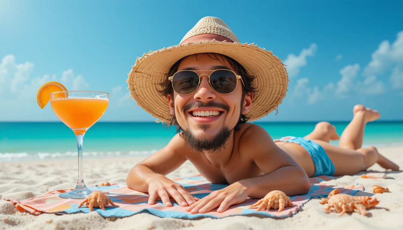 Happy beach rodent with straw hat and orange cocktail