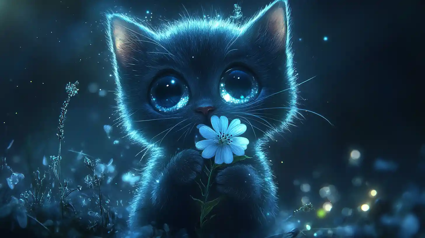 Round eyed kitten holding moonflowers in a glowing night