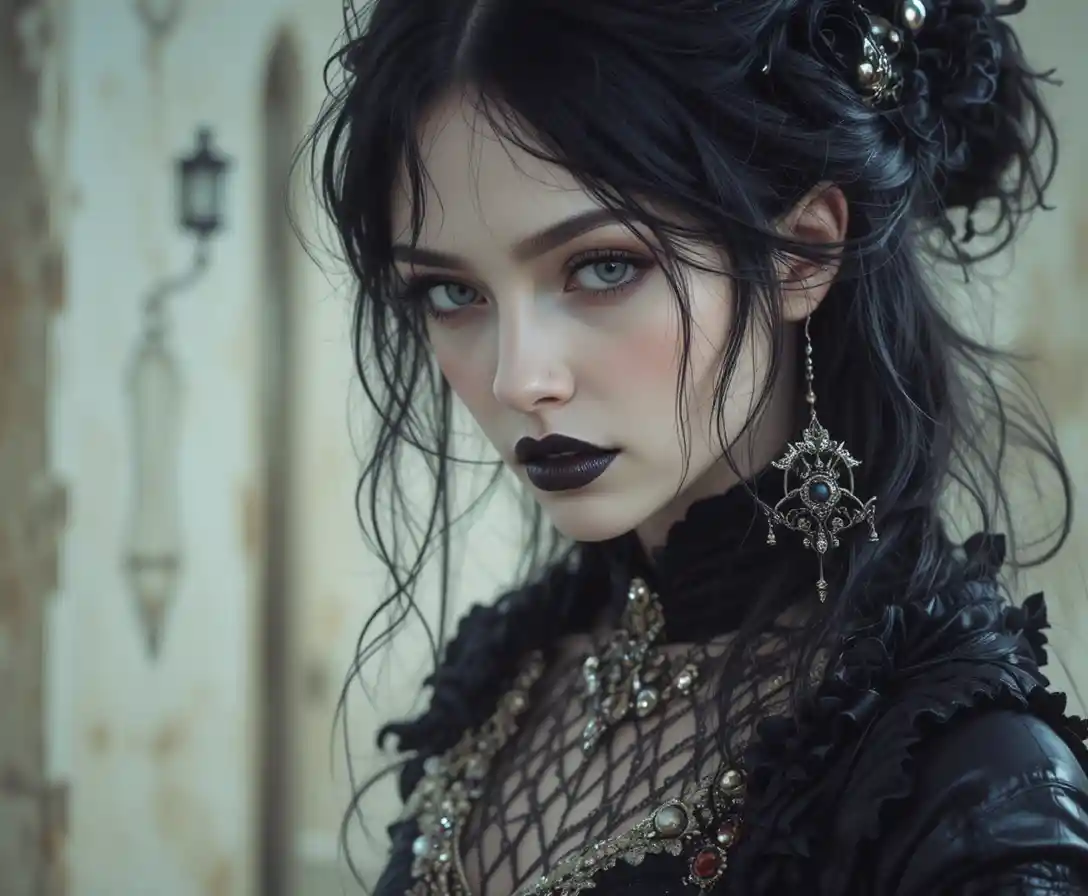 Melancholic goth bard woman with dark corset and instrument