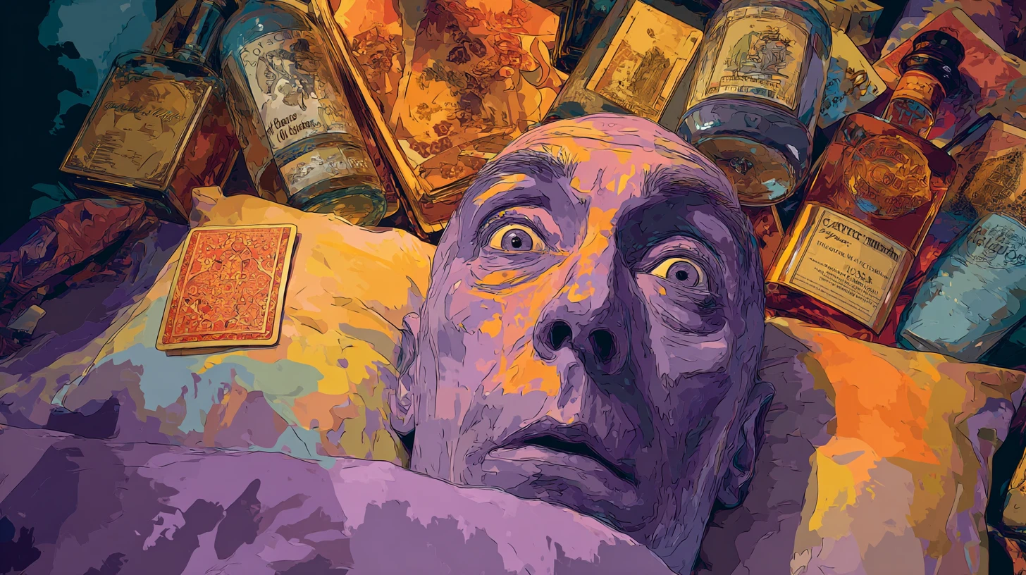 Surreal close up of a man in bed haunted by demons