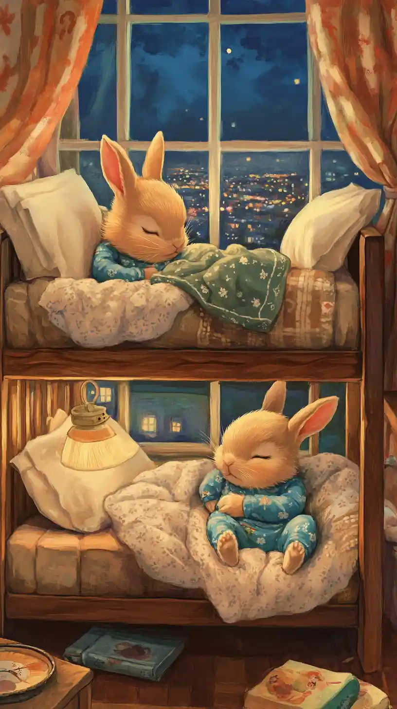 Two baby rabbits sleeping in a cozy bunk bed at night