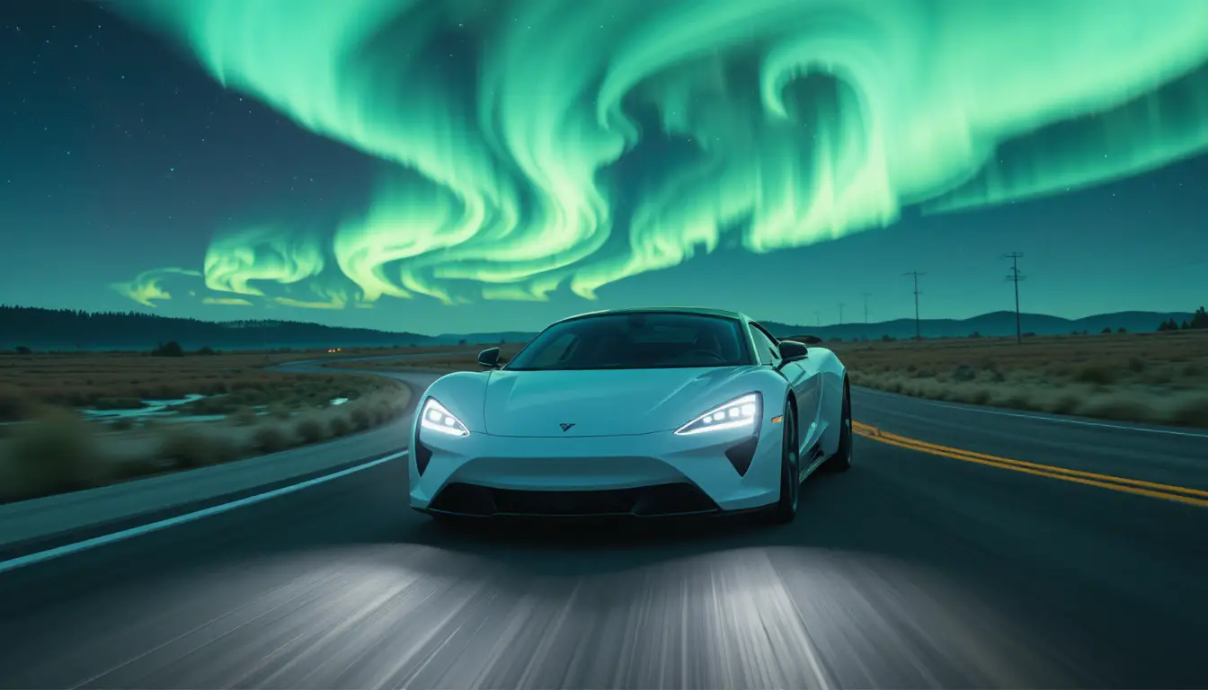 Auto sportiva bianca che sfreccia di notte sotto l’aurora