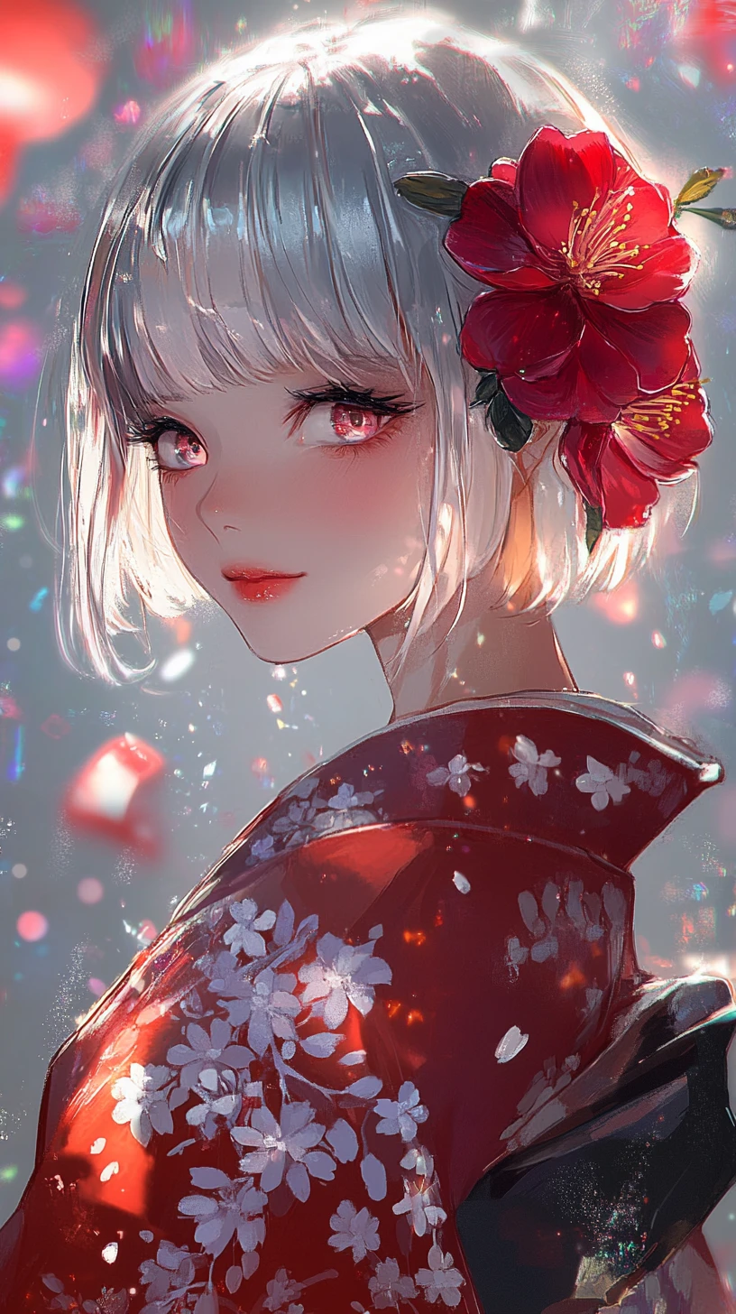 Chica de anime con kimono rojo y melena plateada
