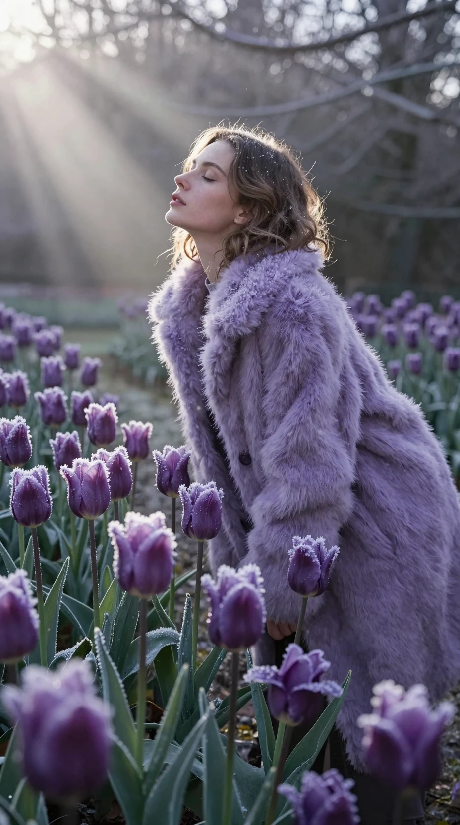 Jeune femme dans un jardin de tulipes givrées sous une douce lumière d’hiver