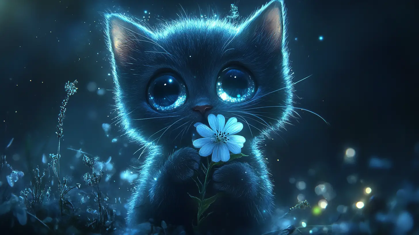 Round eyed kitten holding moonflowers in a glowing night