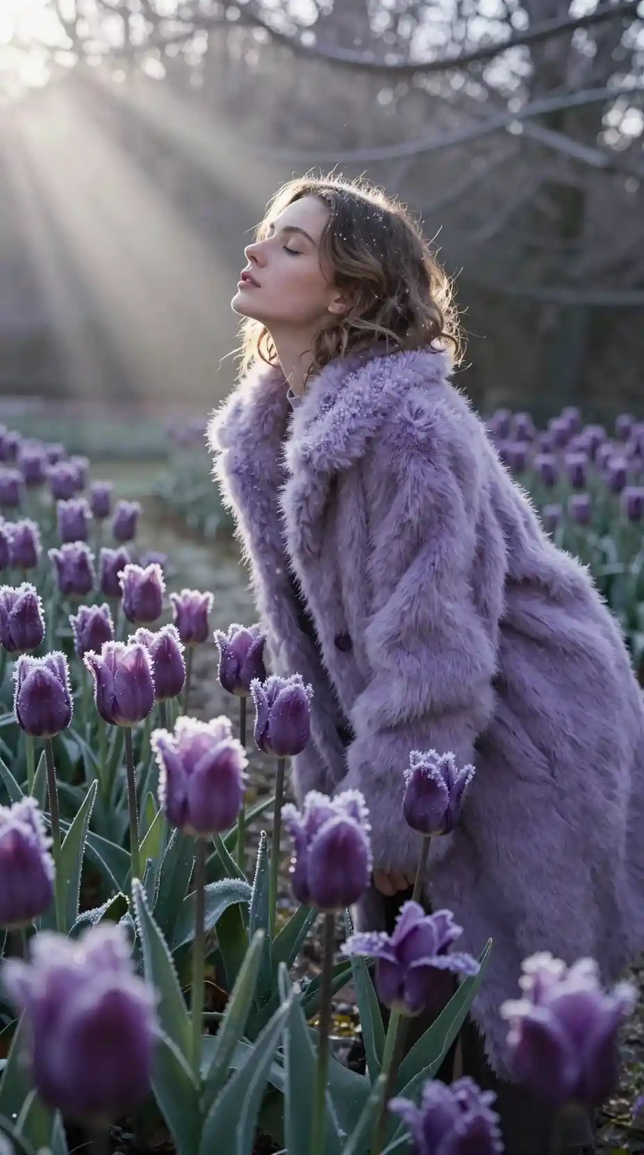 Jeune femme dans un jardin de tulipes givrées sous une douce lumière d’hiver