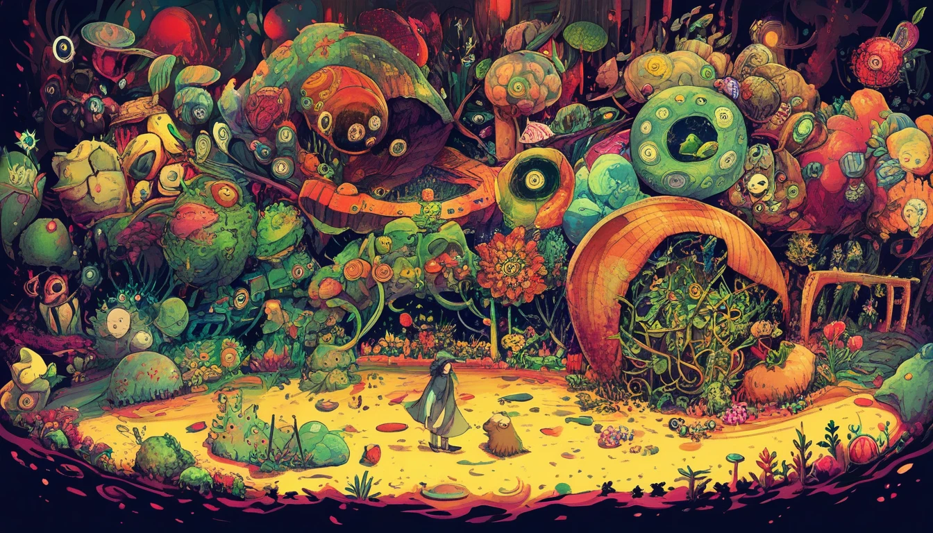 Surreal man in thorny garden facing emerging female face