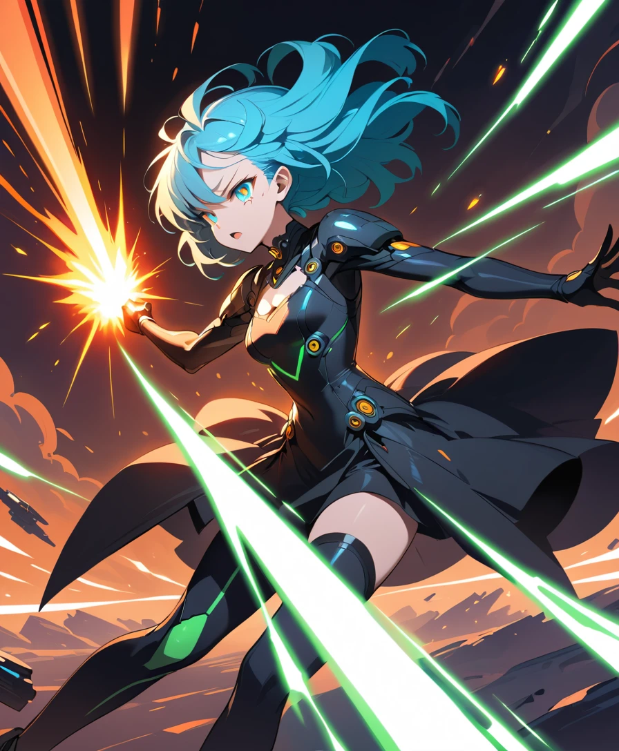 Anime-Mädchen feuert eine massive Sci-Fi-Waffe im grünen Rauch ab