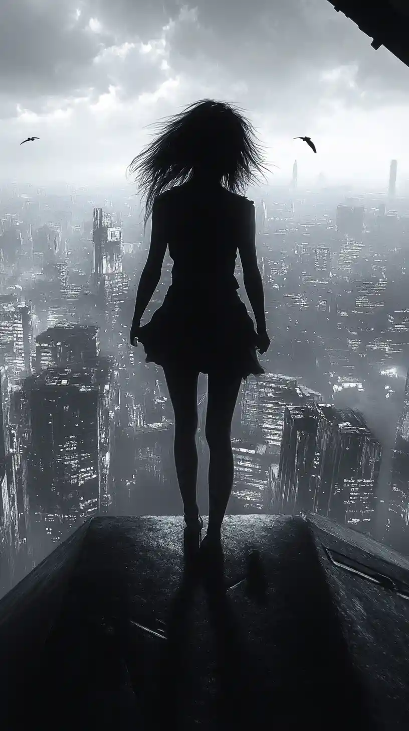 Girl on a rooftop ledge above a vast futuristic city