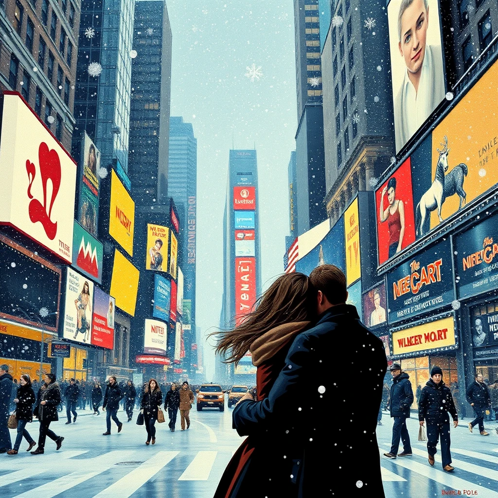 Embracing couple in a snowy Times Square city blizzard