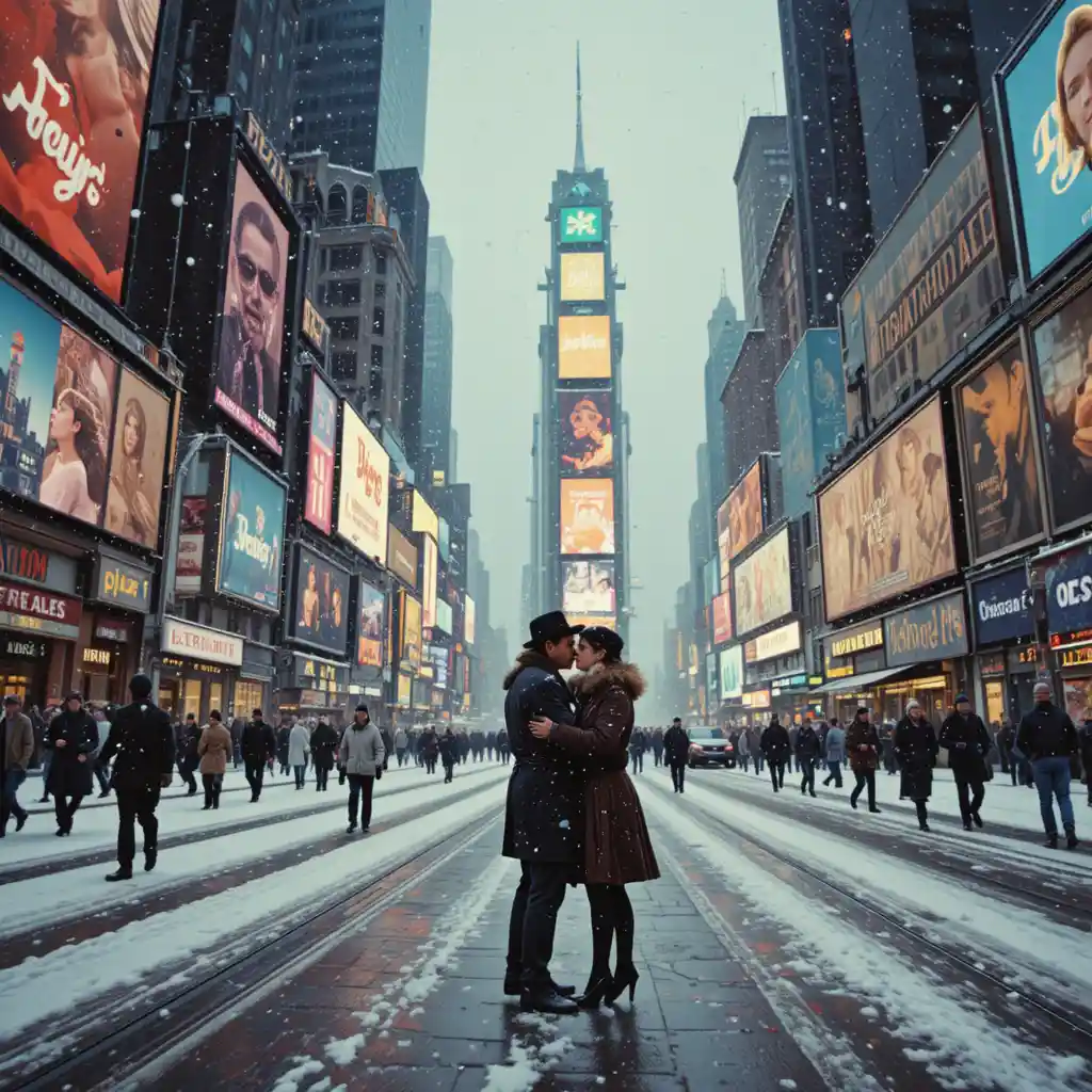 Couple Embracing In Snowy Times Square At Night