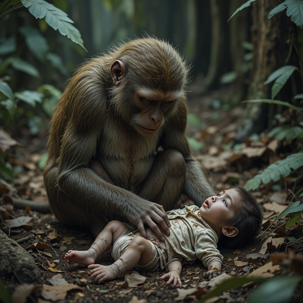 Distraught mother monkey mourning her weak infant in jungle