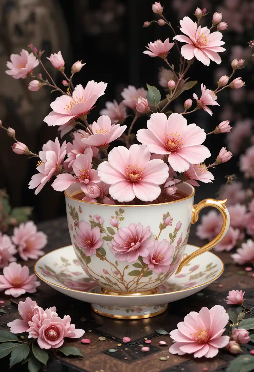 Zarte rosa Teetasse mit sanften floralen Akzenten – Illustration