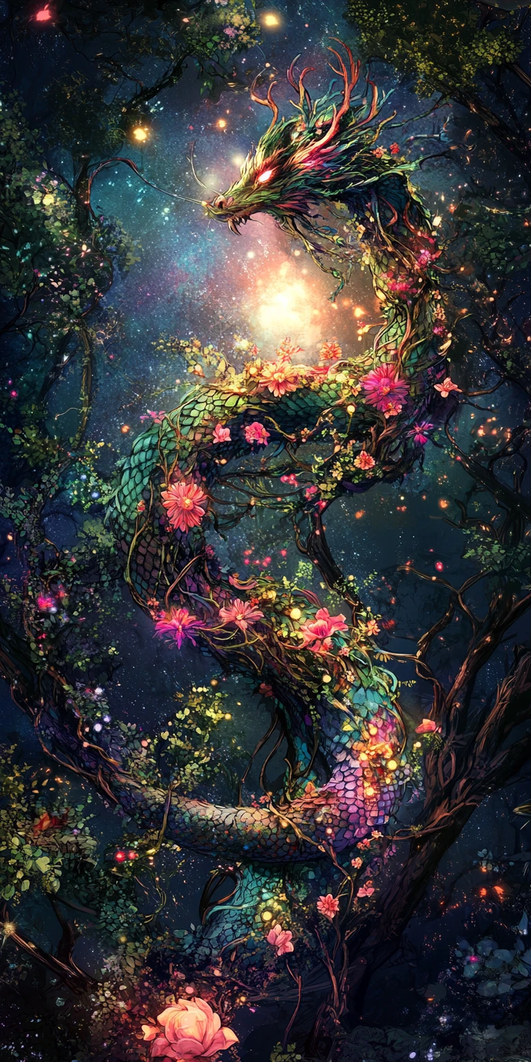 Floral vine dragon glowing within an enchanted twilight forest