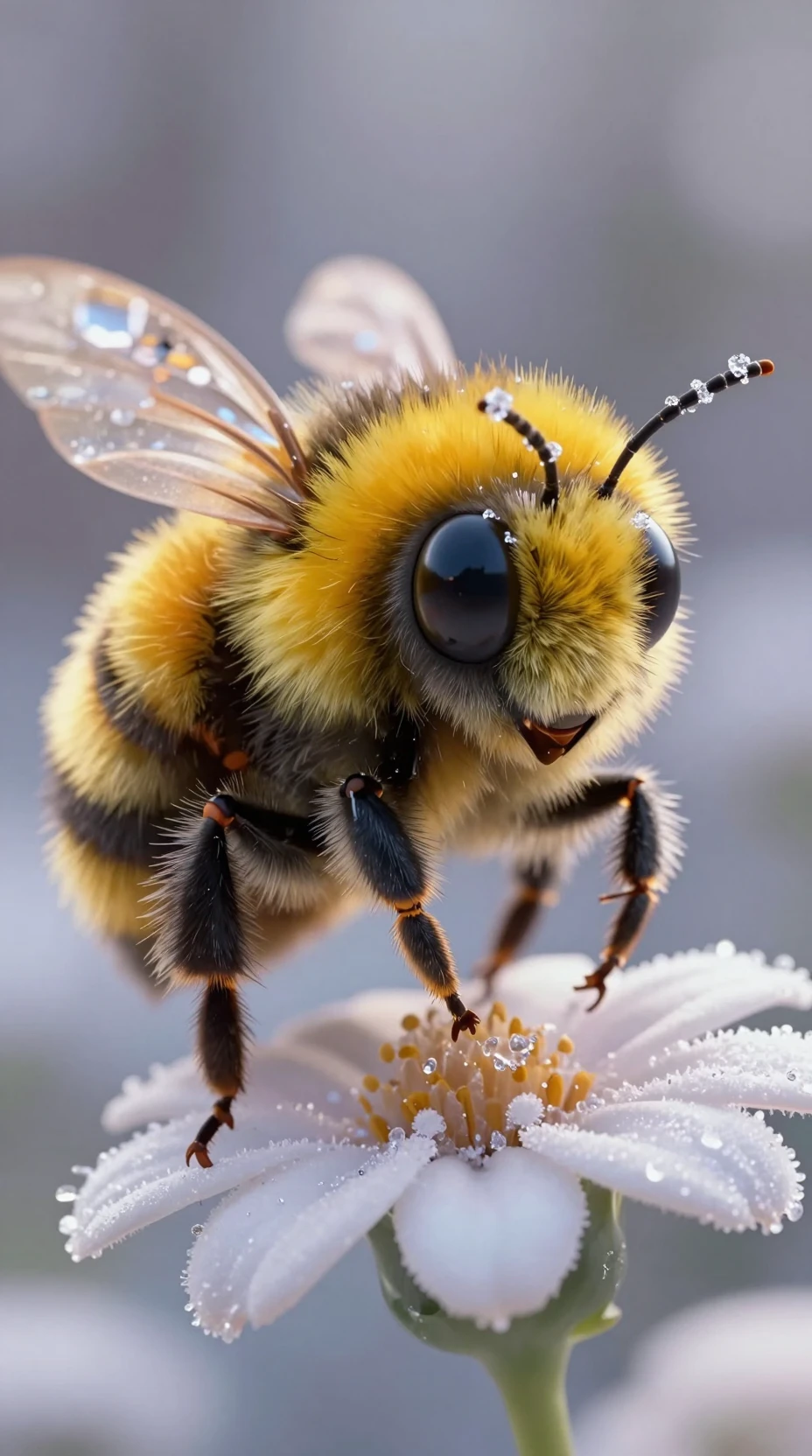 Pixar style macro bumblebee on frosted flower petal