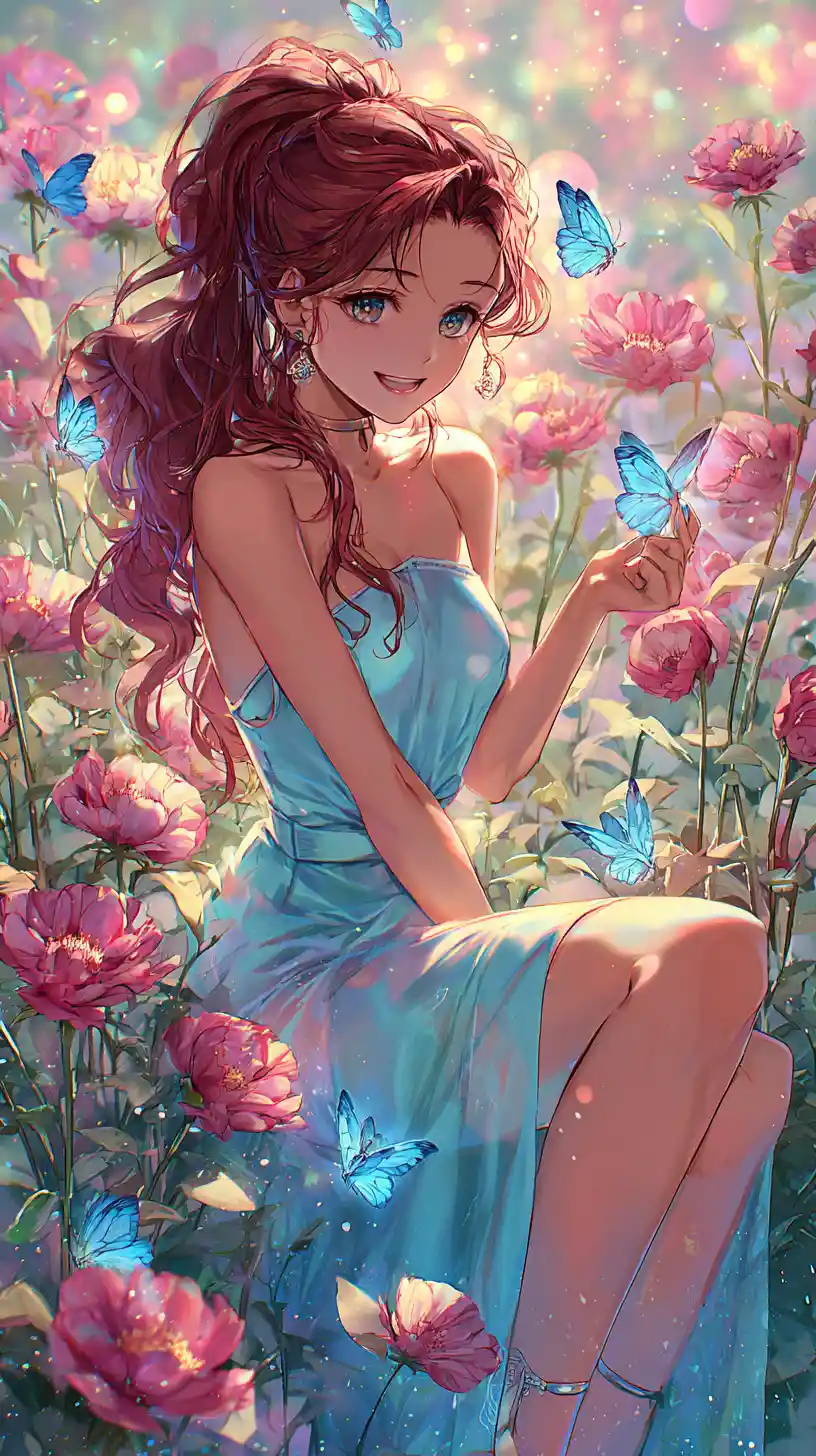 Anime girl in a dreamy flower field at dusk