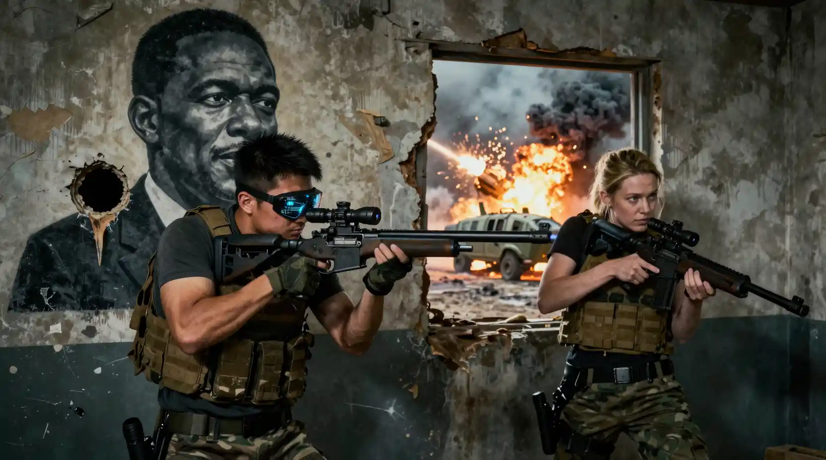 Snipers hiding in a ruined room behind a burned mural