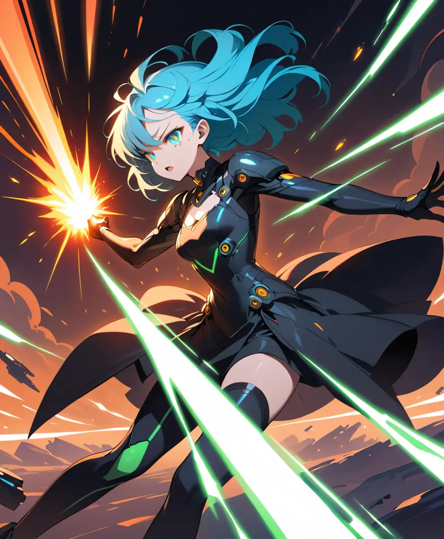Anime girl firing a massive sci fi gun in green smoke