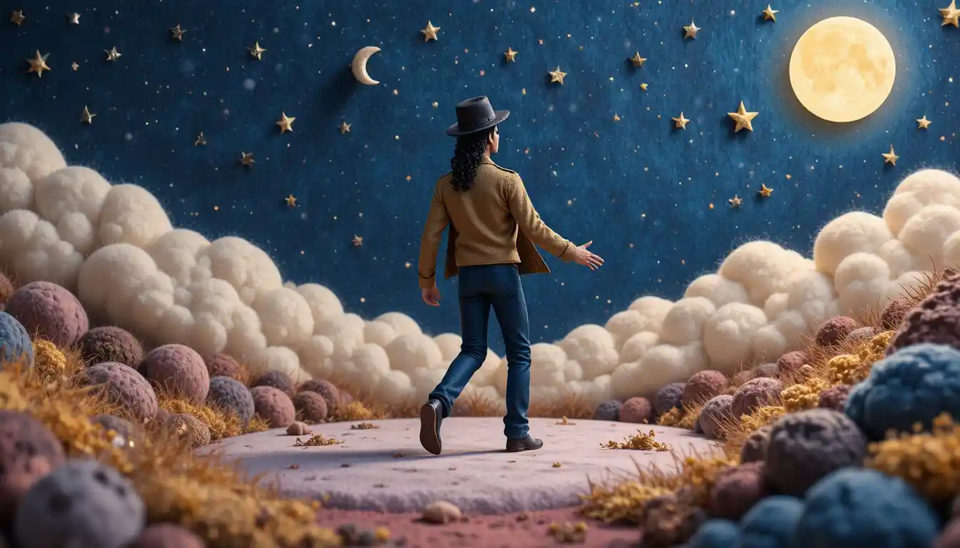 Tänzer aus Ton beim Moonwalk unter einem friedlichen mondbeschienenen Nachthimmel