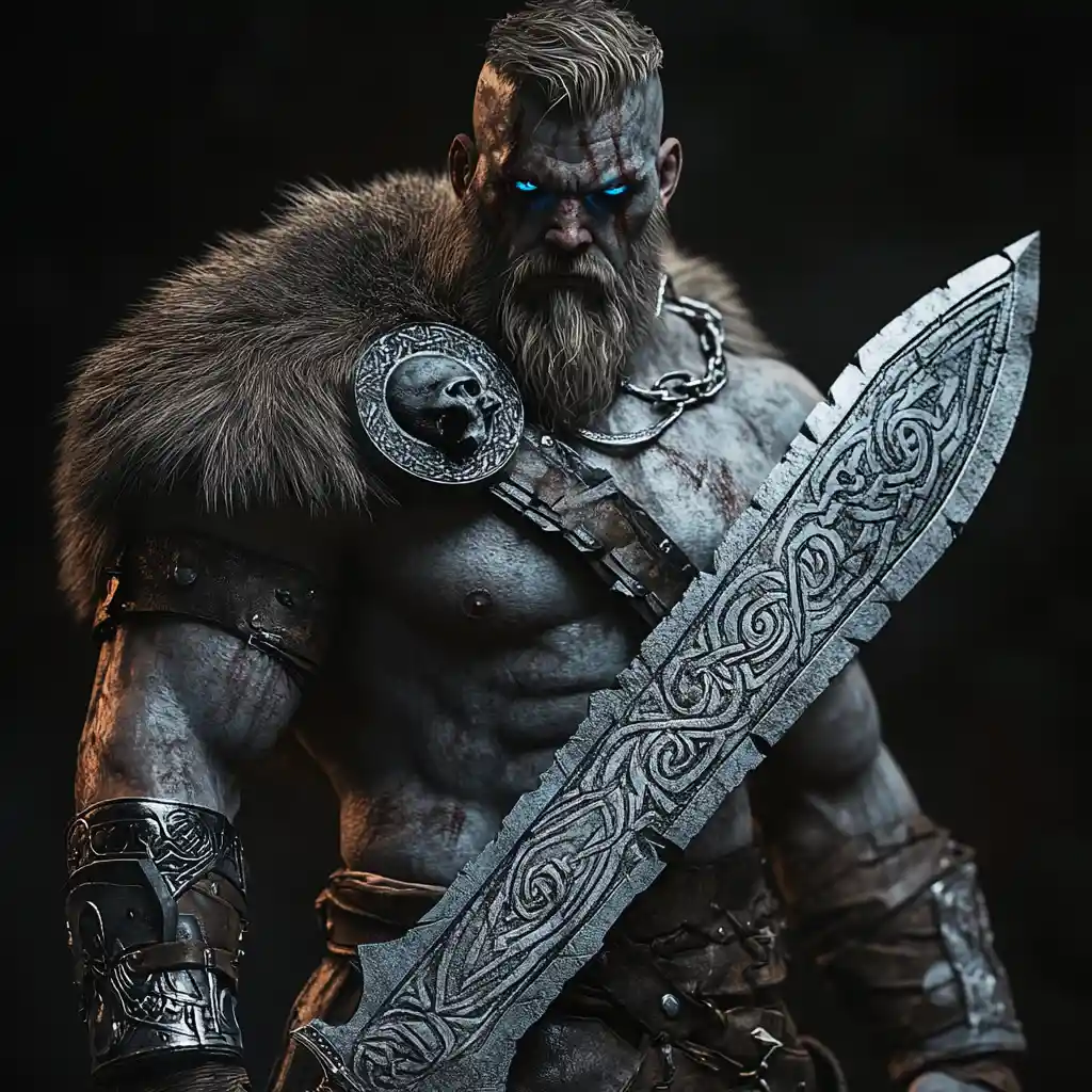 Grey skinned goliath warrior with rune engraved sword